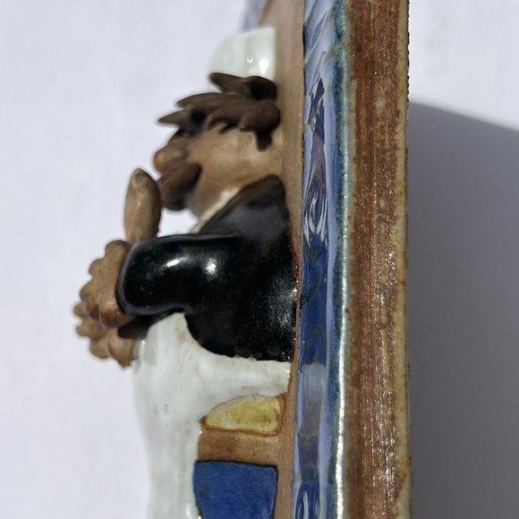 Vintage Art Tile – Signed – Plump Chef Cook w/ Mustache, Spatula, Hat – NICE 3D - Picture 7 of 8